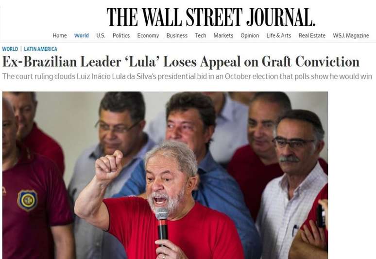 Site do Wall Street Journal destaca derrota de Lula em tribunal: 'Ex-líder brasileiro Lula perde apelação em condenação por corrupção' | Foto: Reprodução