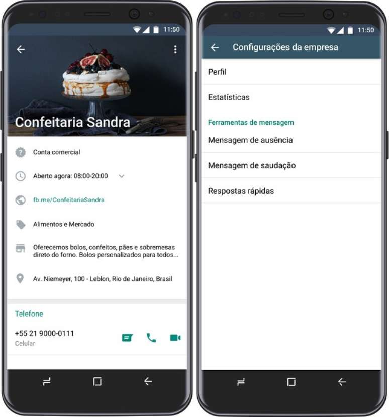 Telas do WhatsApp Business, com os novos recursos dispon&iacute;veis ao usu&aacute;rios comerciais. Foto: Divulga&ccedil;&atilde;o
