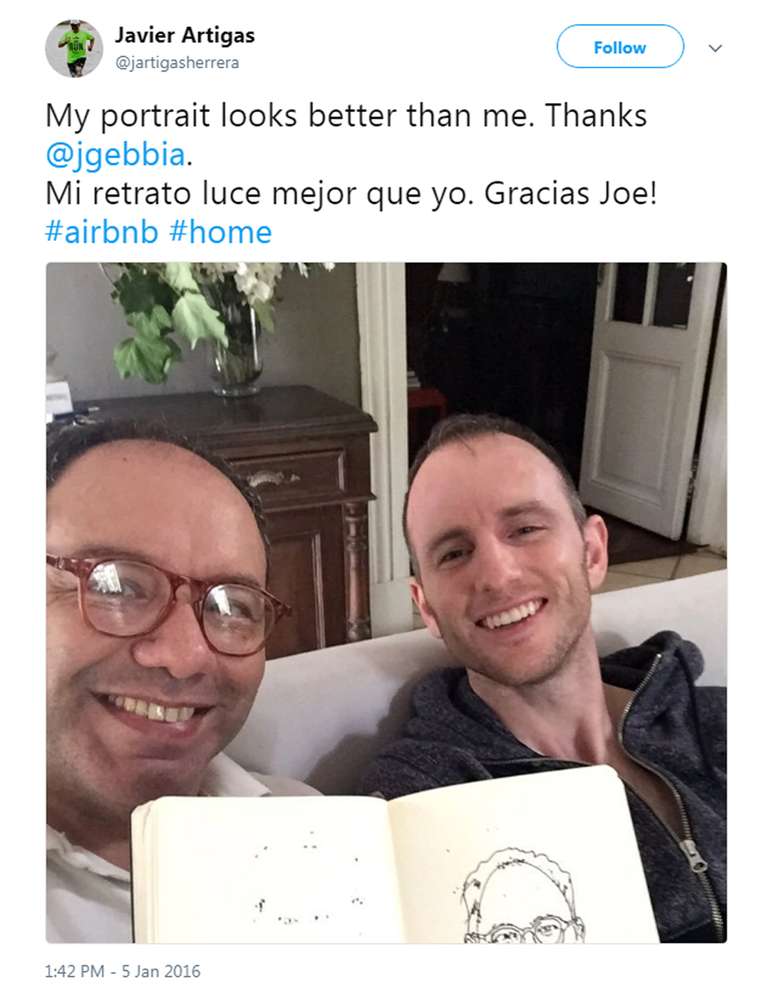 "Minha caricatura é mais bonita do que eu mesmo. Obrigado, Gebbia" - encontro de Artigas com o co-fundador do Airbnb, Joe Gebbia | Foto: Twitter/Reprodução