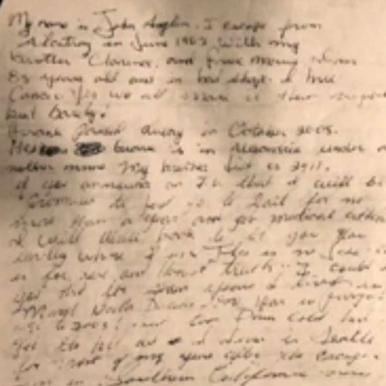Carta supostamente enviada por John Anglin, cujo paradeiro segue desconhecido | Foto: KPIX