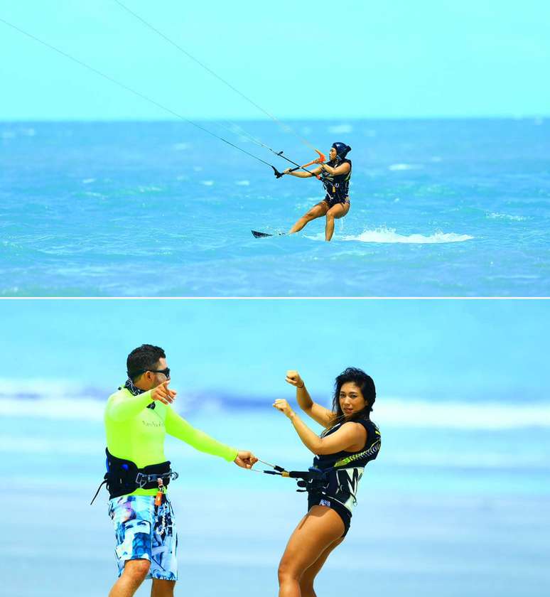 Daniele Suzuki pratica kitesurf durante férias no litoral cearense