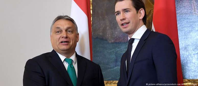 O premiê húngaro, Viktor Orbán (à esq.), e o chanceler federal austríaco, Sebastian Kurz, em encontro em Viena