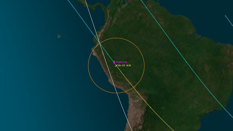 A Aerospace, organização sem fins lucrativos que monitora o espaço, indicou que um objeto foi avistado regressando na atmosfera em 27 de janeiro sobre Pucallpa | Imagem: Reprodução/Aerospace