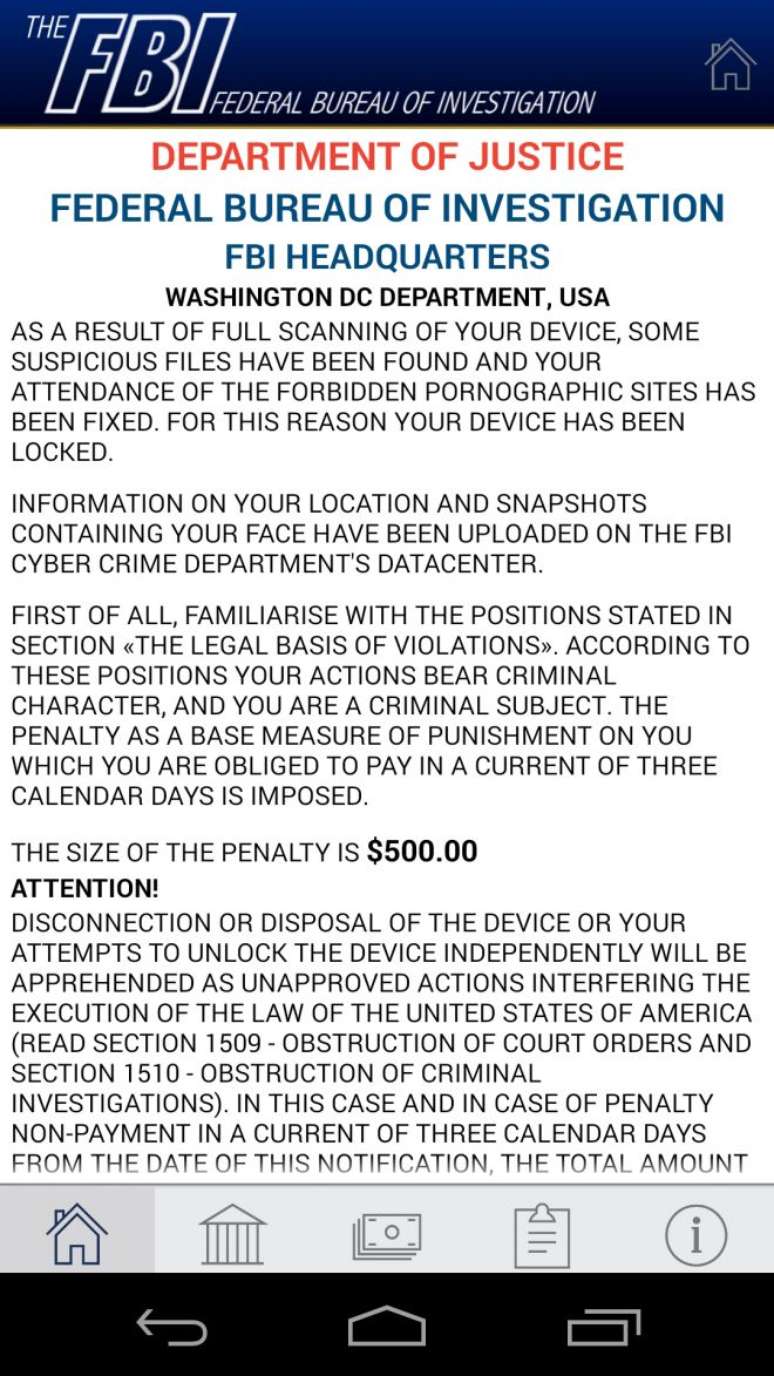 Exemplo de ransomware que usa o nome do FBI para enganar o usu&aacute;rio nos EUA (Reprodu&ccedil;&atilde;o: Kaspersky Lab)