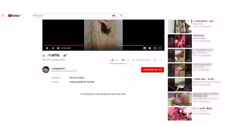 Em um postagem com crianças brincando, os vídeos relacionados mostram meninas em posições vulneráveis | Foto: Reprodução/YouTube