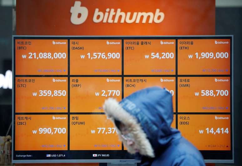 Pessoa caminha diante de painel com cotações de criptomoedas em Suel, Coreia do Sul
11/01/2018 REUTERS/Kim Hong-Ji