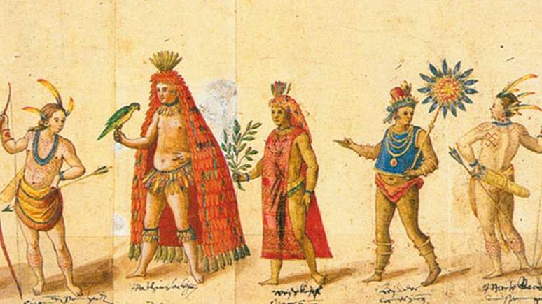 Aquarela sobre pergaminho mostra índios brasileiros, um deles com um manto tupinambá; mantos conhecidos estão em museus da Europa