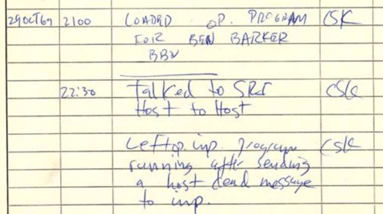 Primeiro log IMP da ARPANET mostra transcrição da primeira mensagem enviada pela plataforma, em 29/10/1969 (Foto: Reprodução)