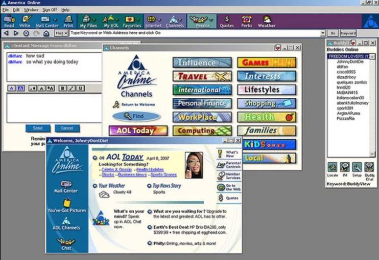 Tela do programa da America Online, mostrando AIM ao fundo e os menus recheados de conteúdos (Foto: Reprodução)