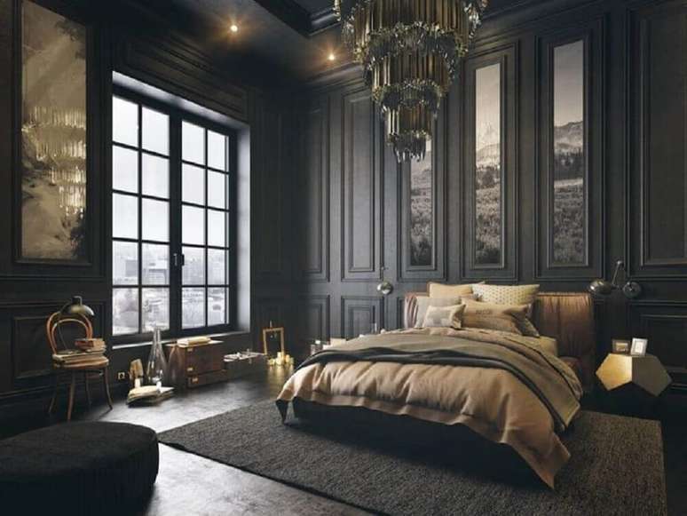 12. Inspiração de lindo e suntuoso quarto preto decorado