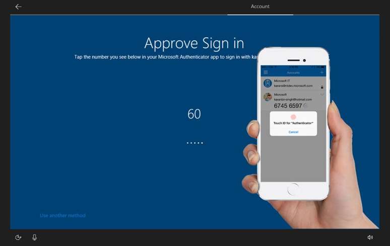 Um código numérico é enviado para o app, que é liberado com a digital do usuário (Reprodução: Microsoft)