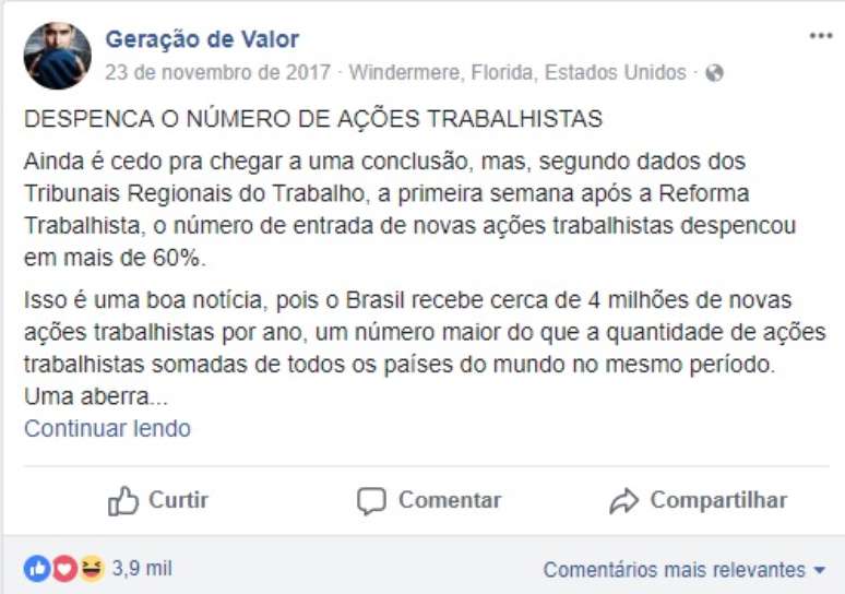'Reforma trabalhista &eacute; fraquinha', diz Fl&aacute;vio Augusto | Imagem: Reprodu&ccedil;&atilde;o/Facebook