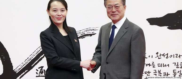 A norte-coreana Kim Yo-jong em encontro com o presidente da Coreia do Sul, Moon Jae-in.