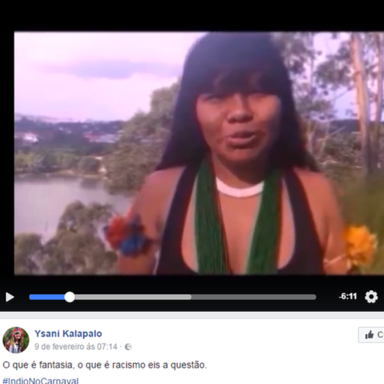 Vídeo de Ysani sobre cocar no carnaval viralisou no Facebook e foi reproduzido por sites feministas, atingindo mais de 1,5 milhão de visualizações | Fonte: Reprodução/Facebook