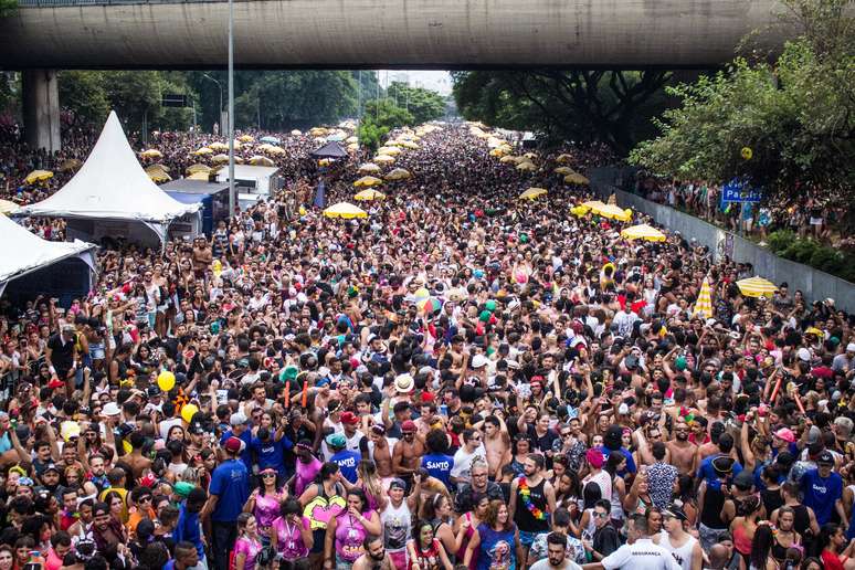 Foliões na Avenida 23 de Maio, em São Paulo