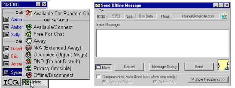 À esquerda, a janela do ICQ com seus contatos online e offline, além das opções de status. Ao lado, a janelinha para criar uma nova mensagem (Imagem: Reprodução)