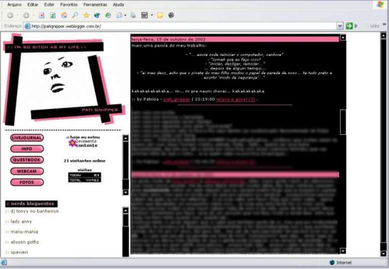 Print de como meu blog era em 2002, com link para o LiveJournal e indicação de blogs de amigos no menu lateral