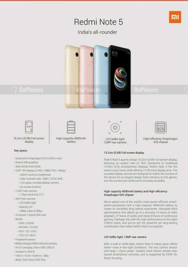 Redmi Note 5 tem as mesmas especificações do Redmi Note 5 Plus. Diferença fica por conta da tela FHD+ de 6 polegadas (Imagem: OnPhones)