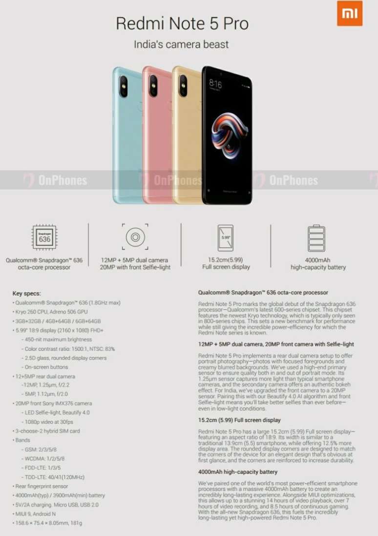 Redmi Note 5 Pro traz mudanças mais significativas à linha, com processador poderoso e mais opções de configuração para o usuário (Imagem: OnPhones)