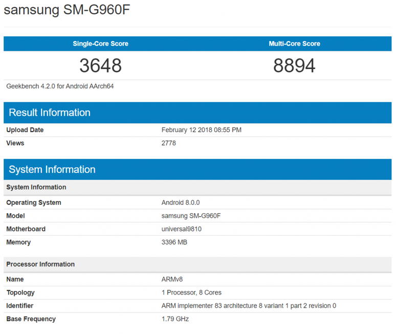Teste de benchmark mostra todo o poder de fogo do Galaxy S9 equipado com SoC Exynos 9810 (Imagem: Geekbench)
