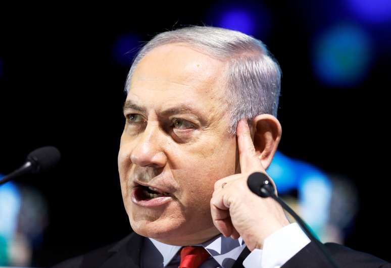 Primeiro-ministro israelense, Benjamin Netanyahu, fala durante confer&ecirc;ncia em Tel Aviv.
14/02/2018
REUTERS/Nir Elias