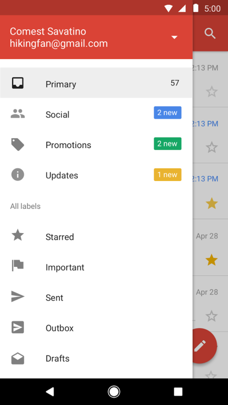 Opções no menu principal do Gmail Go são as mesmas do aplicativo padrão (Imagem: Google)