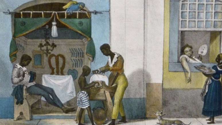 Serviços de barbeiros, cabelereiros, vendedoras - retratados nesse pintura de Debret - eram formas de juntar dinheiro para a alforria | Foto: Acervo Espaço Olavo Setubal/ Itaú Cultural