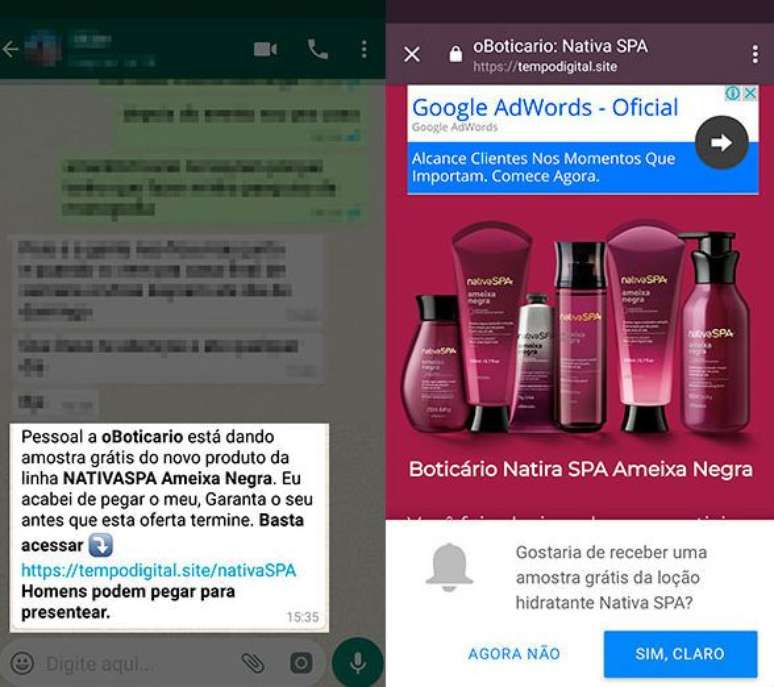 Golpe promete envio de amostra grátis em troca de acesso às notificações (Imagem: PSafe)