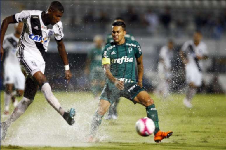 Dudu sofre para dominar a bola no gramado encharcado (Foto: Thiago Calil/AGIF)