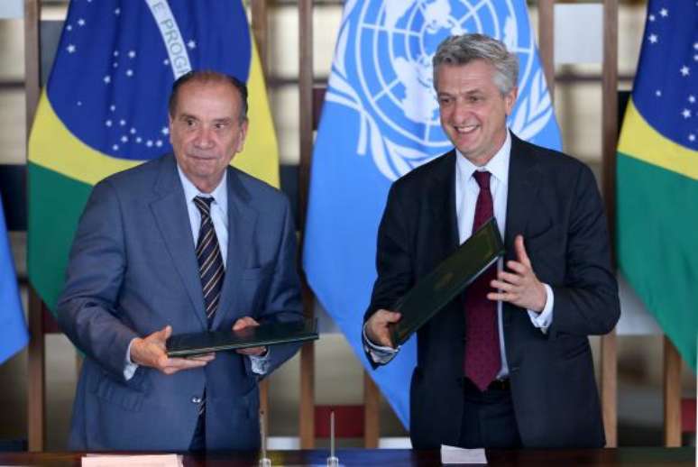 O ministro das Relações Exteriores, Aloysio Nunes, e o alto comissário das Nações Unidas para Refugiados, Filippo Grandi, durante assinatura de atos no Palácio Itamaraty esta semana