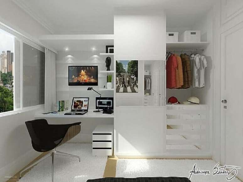 18. Decora&ccedil;&atilde;o de apartamento pequeno com m&oacute;vel planejado no quarto. Projeto de Thiago Luz