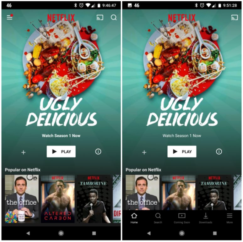 À esquerda, visual atual do app da Netflix no Android; à direita, visual repaginado com barra de navegação inferior e sem o menu hambúrguer (Imagem: Android Police)