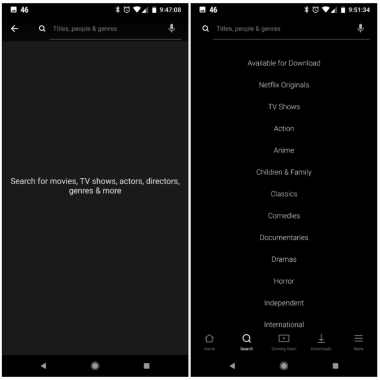 À esquerda, funcionamento da lupa atualmente; à direita, nova função da lupa, que também passa a exibir categorias do serviço de streaming (Imagem: Android Police)