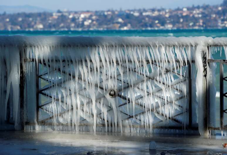 Água em grade de proteção fica congelada em lago de Genebra, na Suíça
