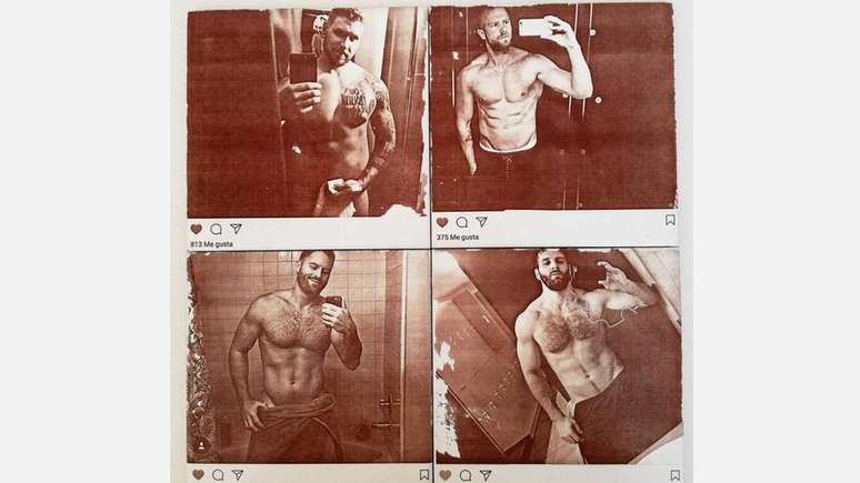 Em um trabalho chamado Narcissus, o artista David Trullo fez azulejos de banheiro com as fotos de homens sem camisa tirando selfies em banheiros | Imagem: David Trullo