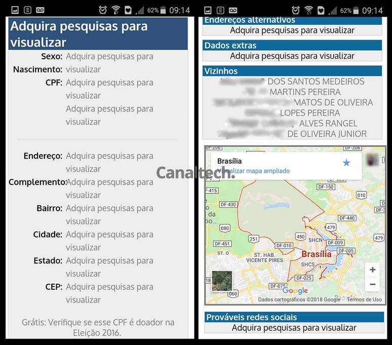 Na busca gratuita, cidade de residência e nomes de vizinhos são exibidos. (Captura de Tela: Ares Saturno / Canaltech)