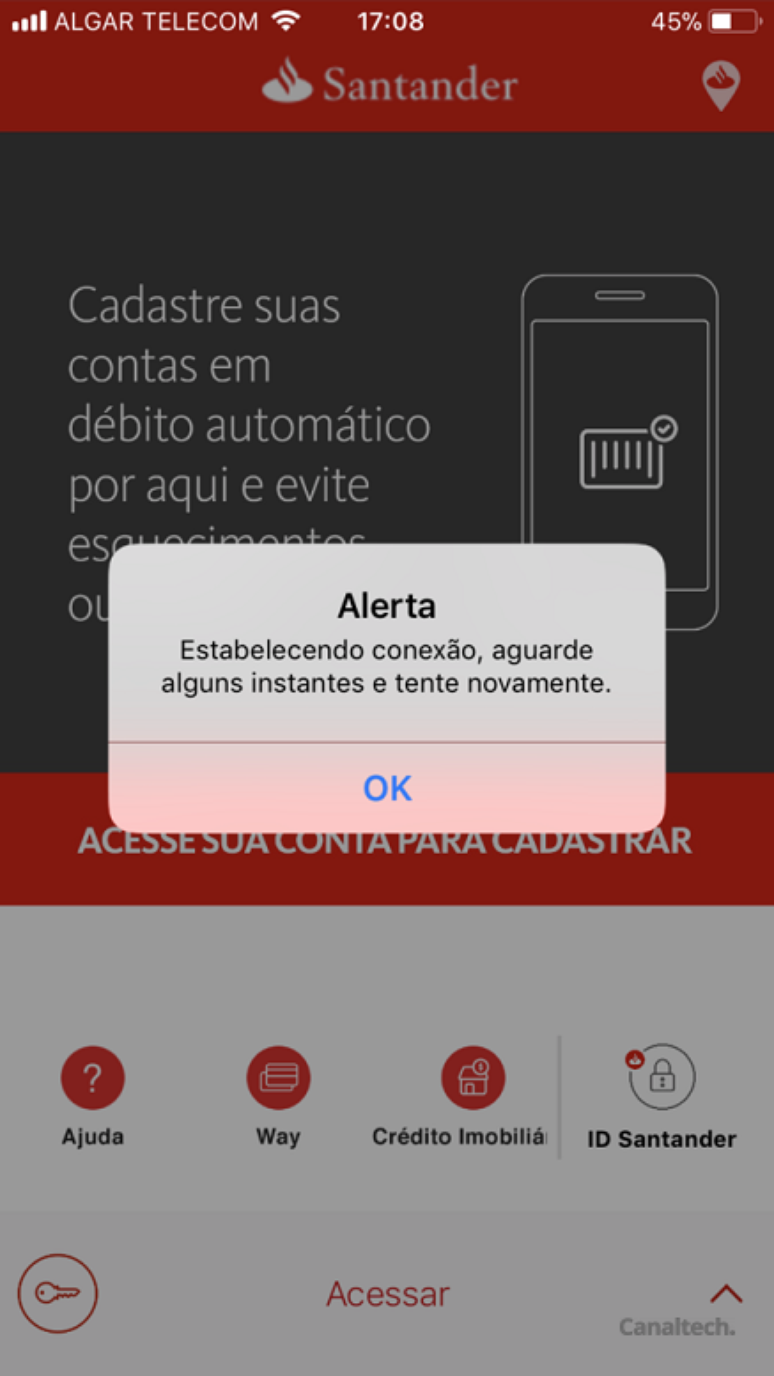 App fora do ar, como todo o resto das operações (Captura de Tela: Luciana Zaramela / Canaltech)