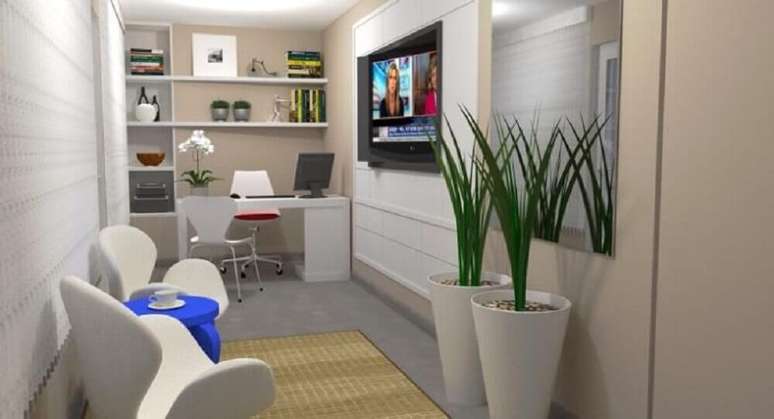 29. Decora&ccedil;&atilde;o de home office com vasos de plantas brancos.