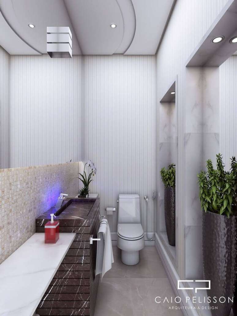33. Banheiros e lavabos também podem receber vasos de plantas para a decoração