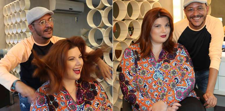 Já pronta para fotografar, a top plus size posa com seu hairstylist, Patti Lima.