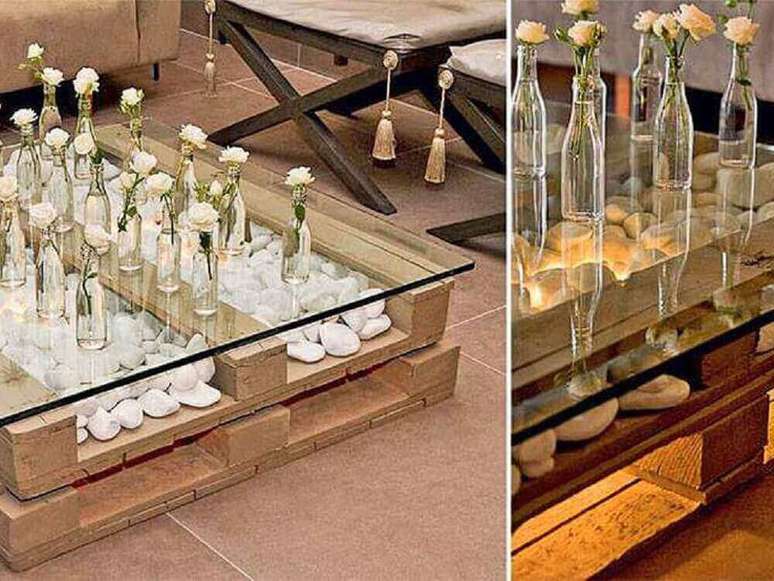 13. Mesa de pallet com vidro para festa de casamento.