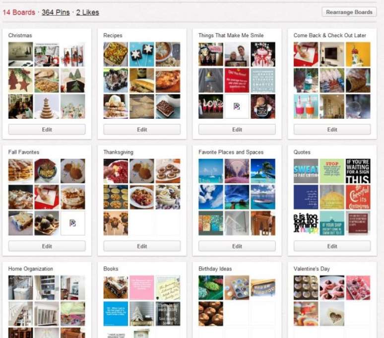 Boards do Pinterest permitem organizar imagens de acordo com temas (Imagem: Pinterest)