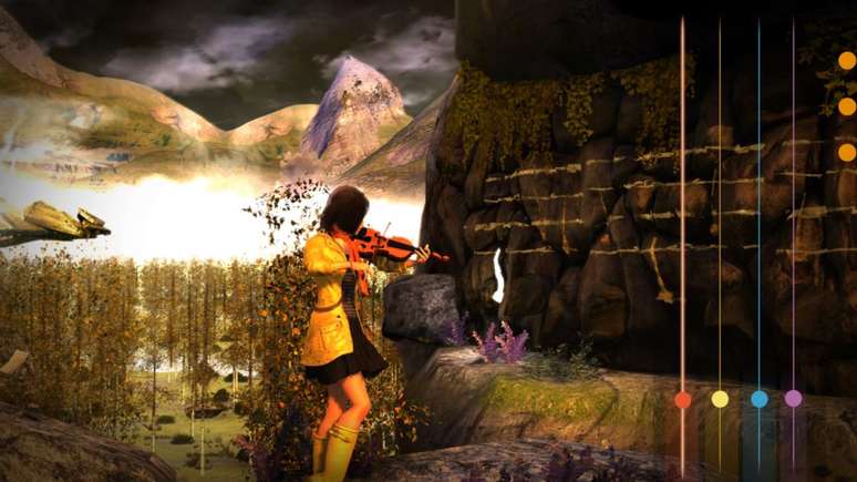 O violino &eacute; a arma para manipular o mundo de Distortions (Imagem: Among Giants)