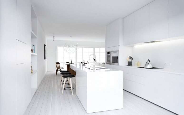 28. Modelo de cozinhas modernas com ilhas e com decoração toda branca.