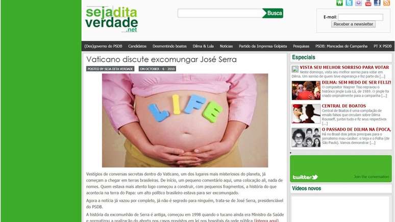 Blog criado para favorecer Dilma em 2010 tinha posts com notícias enviesadas, falsas ou publicações desbancando boatos contra candidata | Imagem: Reprodução