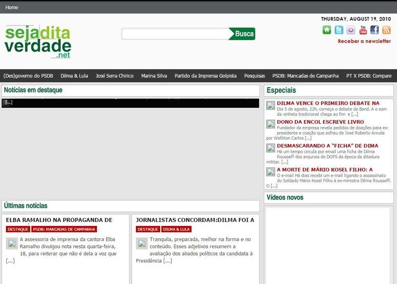 Blog 'Seja Dita Verdade' difundia notícias pró-Dilma em 2010 | Imagem: Reprodução