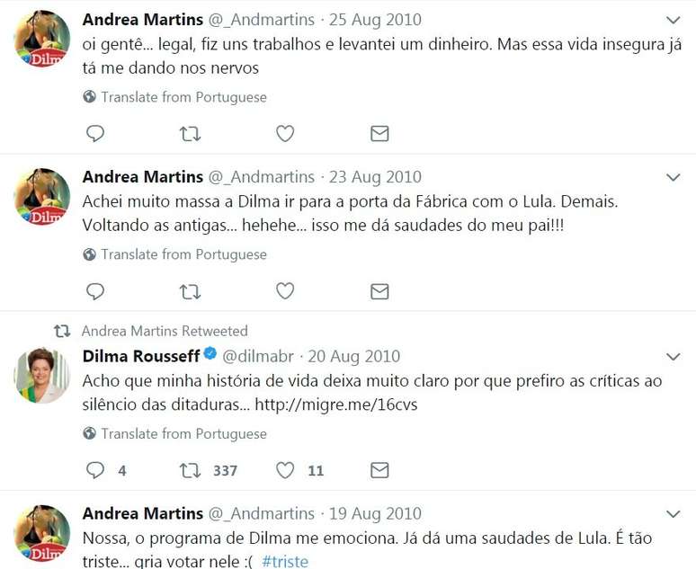 "Andrea Martins" está entre os 131 perfis falsos usados para demonstrar apoio a Dilma em 2010 | Imagem: Reprodução/Twitter