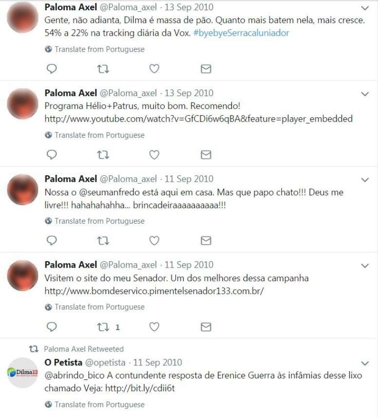'Paloma Axel' tuita a favor de Dilma e Fernando Pimentel (PT), além de interagir com outro fake | Imagem: Reprodução/Twitter