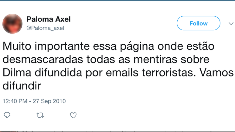 Perfil de 'Paloma Axel', que usa foto de escritora argentina, divulga blog de notícias enviesadas criado por funcionários | Imagem: Reprodução/Twitter