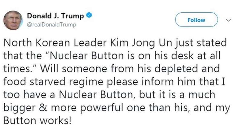 Trump tuitou que tem um 'botão nuclear' maior e mais poderoso que o de Kim Jong-un | Imagem: Reprodução/Twitter